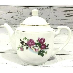 Vintage Tea Pot White & Pink Rose Porcelain